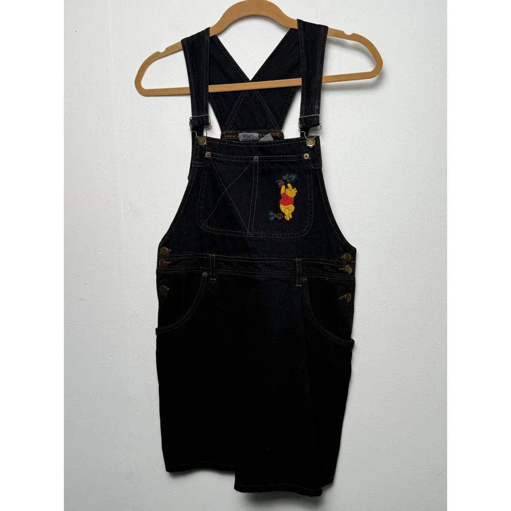 Vintage Pooh Winnie the Pooh Black Denim Overall Dress Pinafore Size 9/10 90s - Picture 1 of 8